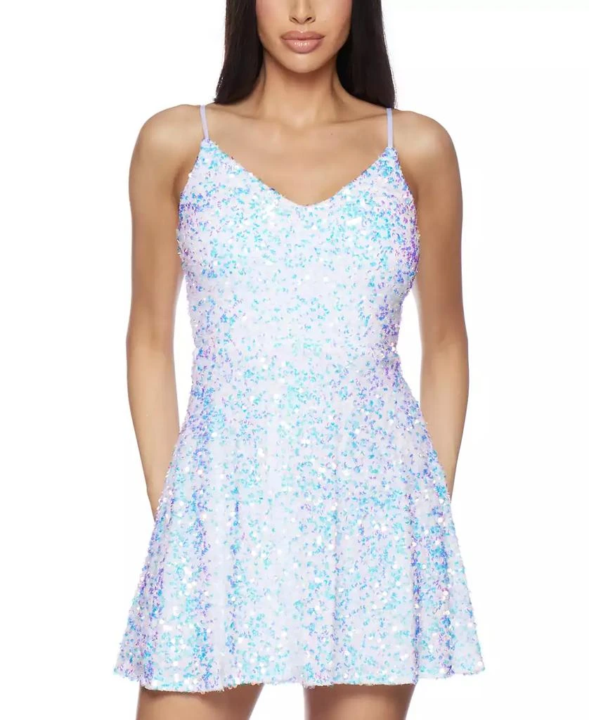 B Darlin Juniors' V-Neck Sphaghetti-Strap A-Line Sequin Dress 1