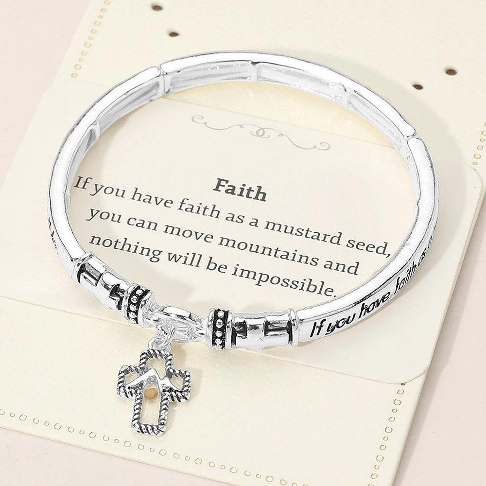 FASHNZFAB Faith Inspirational Religious Message Cross Charm Stretch Bangle Bracelet