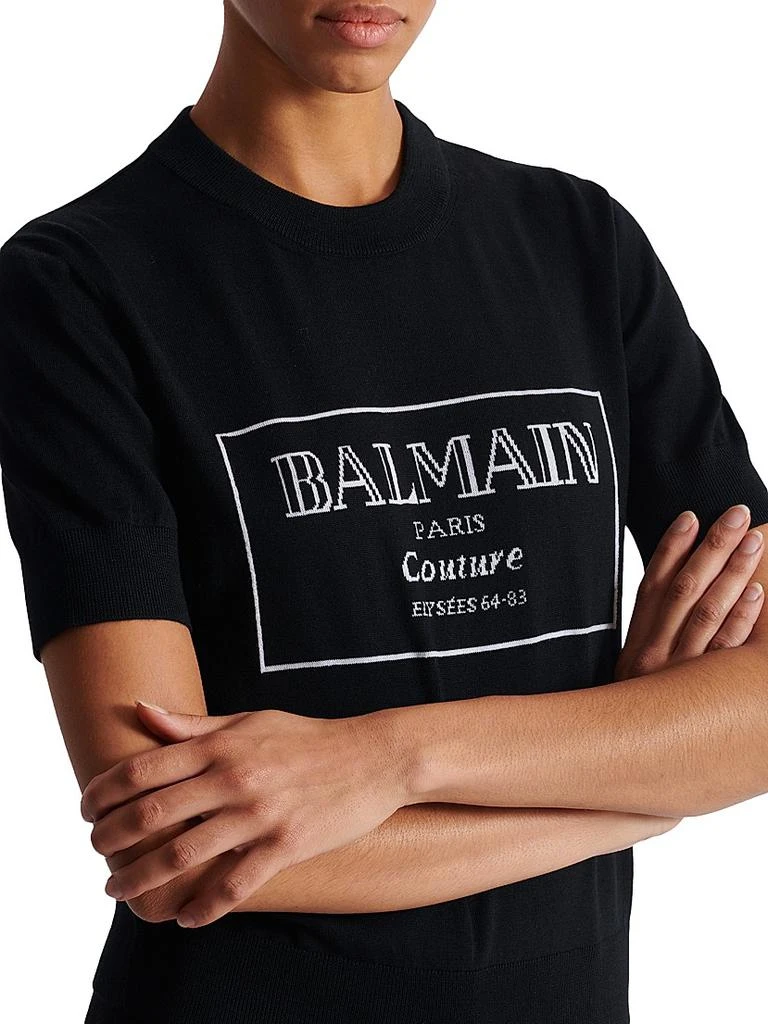 Balmain Logo Merino Wool Short-Sleeve Bi-Color Knit Top 6