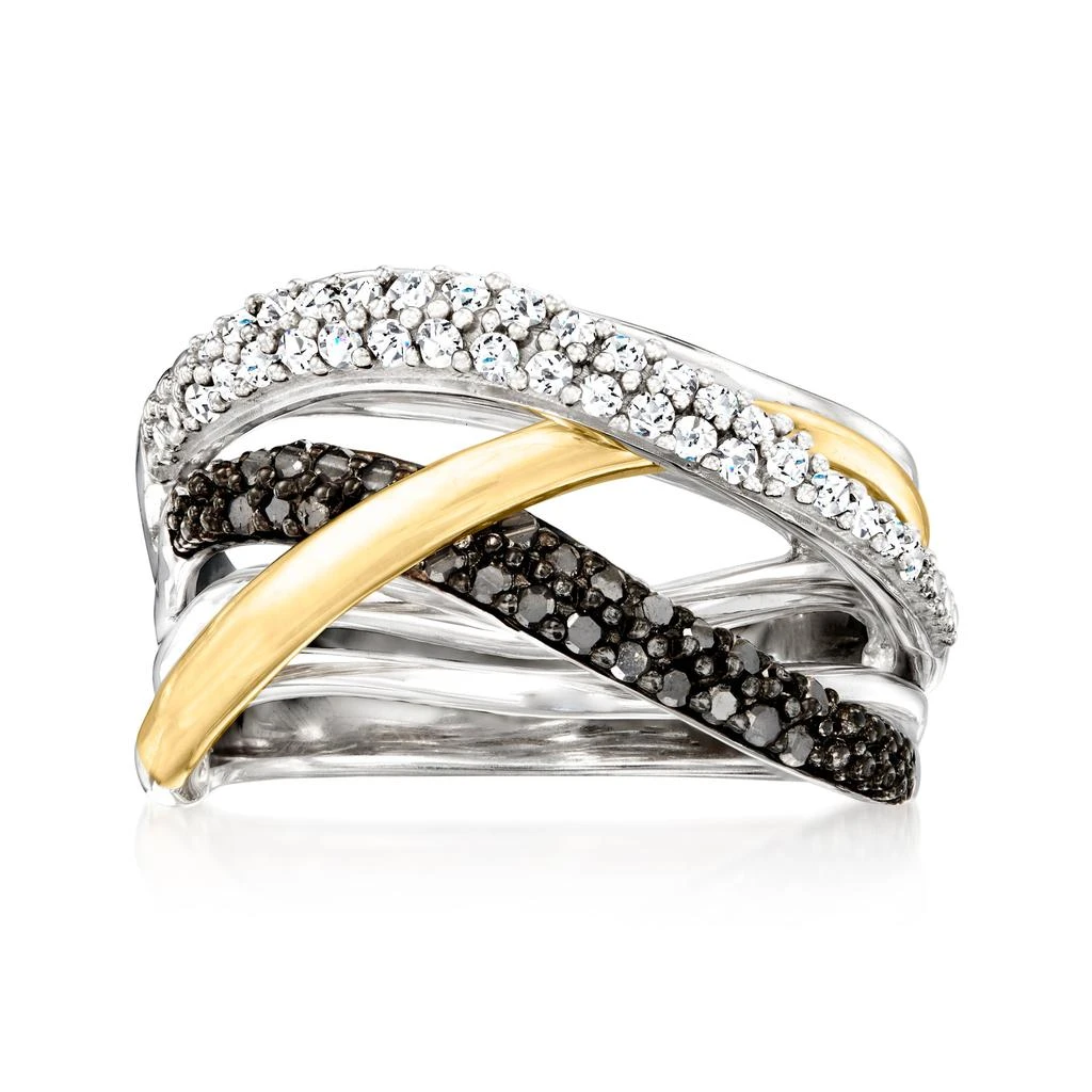 Ross-Simons Black and White Diamond Highway Ring in Sterling Silver and 14kt Yellow Gold 1