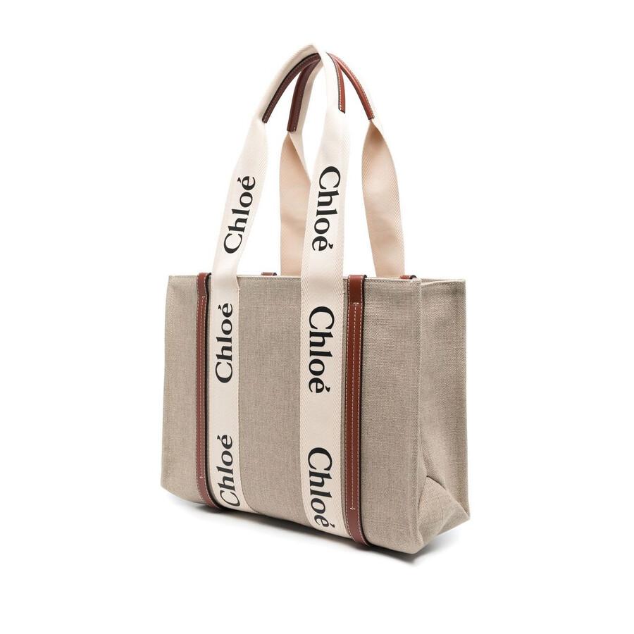 Chloé Medium Woody Linen Logo Tote Bag