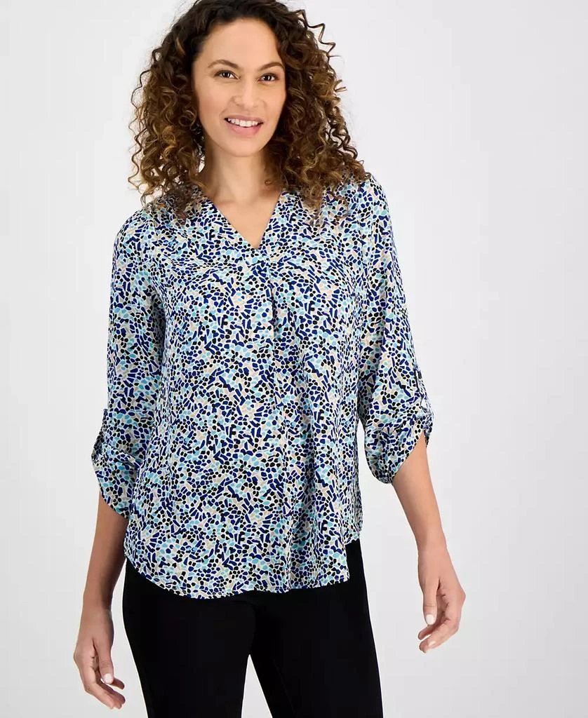 AK Anne Klein Petite Long-Sleeve V-Neck Pleat-Front Printed Tunic 1
