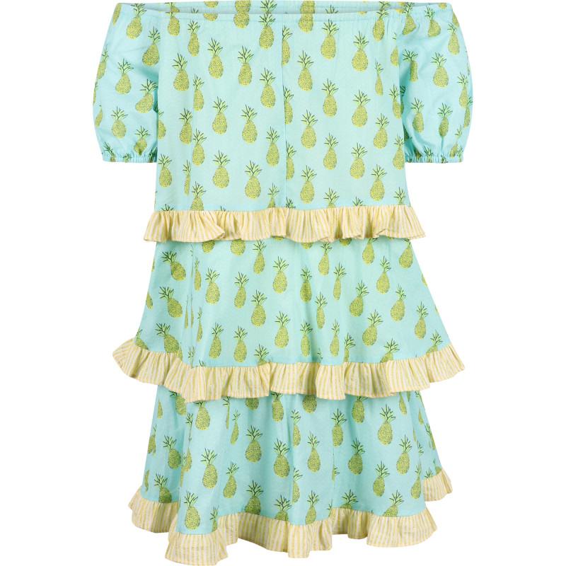 Devotion Tiered ruffles pineapples print cotton dress in light turquoise