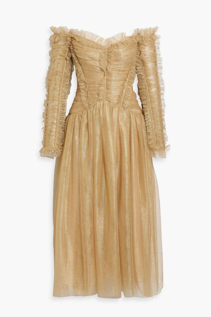 Zimmermann Off-the-shoulder ruched metallic tulle midi dress