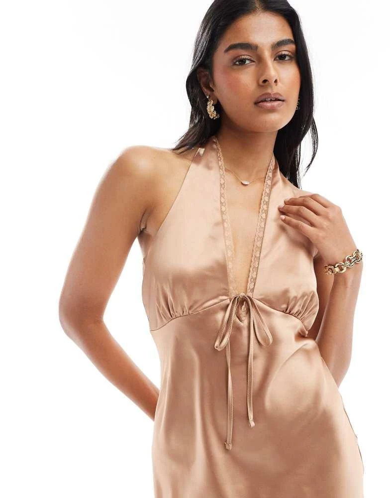 Miss Selfridge Miss Selfridge satin lace trim halter mini dress in bronze 3