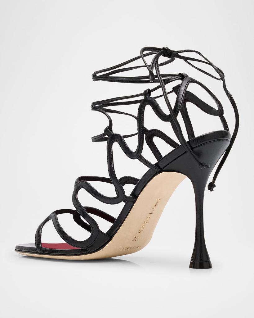 Manolo Blahnik Caged Leather Ankle-Tie Sandals