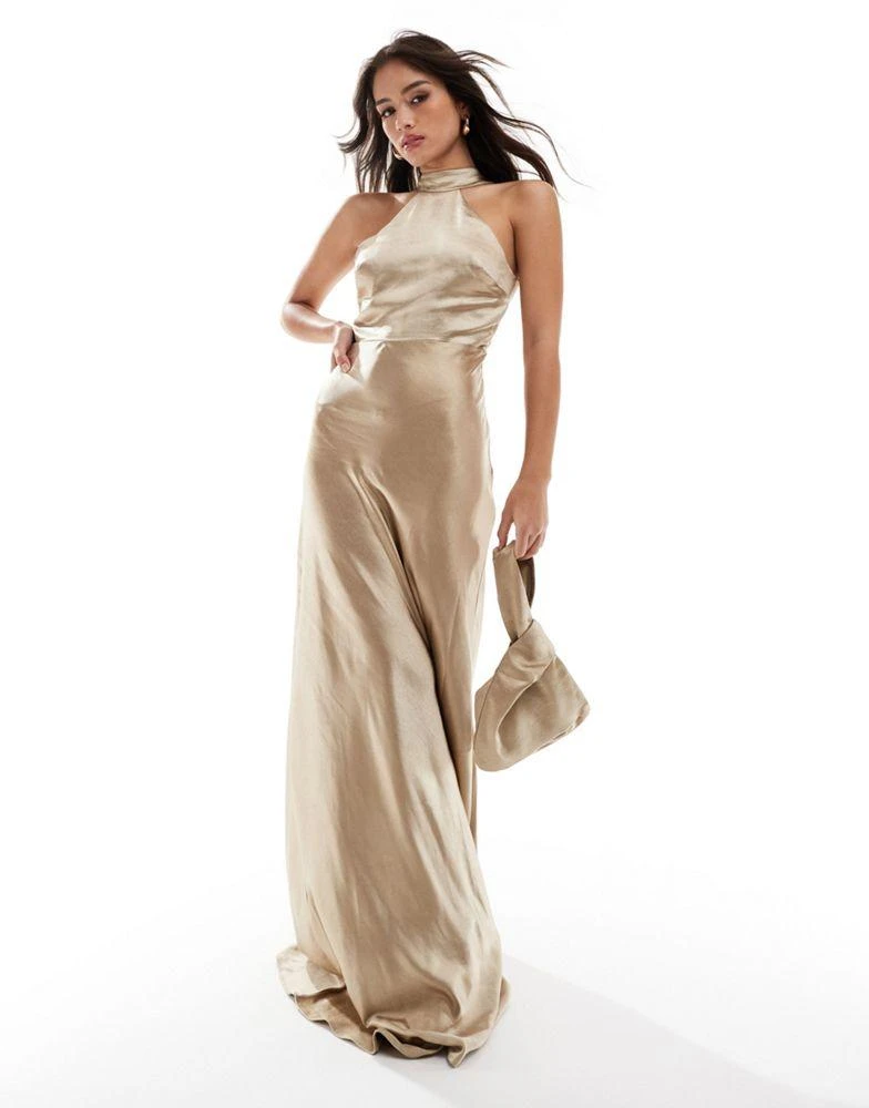 Six Stories Six Stories Bridesmaid satin halter maxi dress in champagne 1