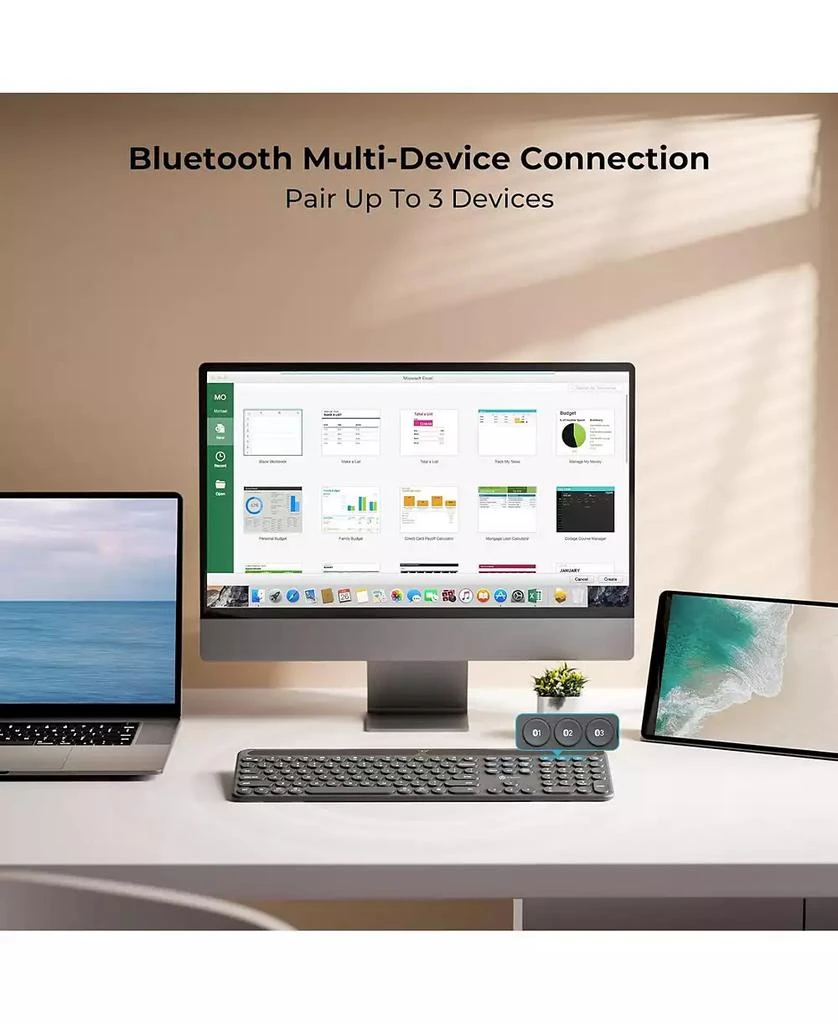 iClever Solar Bluetooth Keyboard, Wireless Keyboard with Solar 
Indoor Light Charging, Full Size, 3-Device Connectivity 3