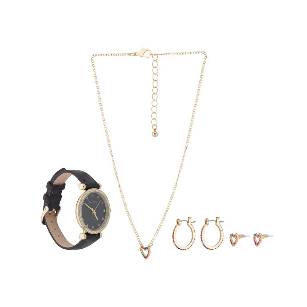 Jessica Carlyle Women's Quartz Black Polyurethane Leather Strap Watch 33mm with Necklace 3 Pieces Earrings Gift Set