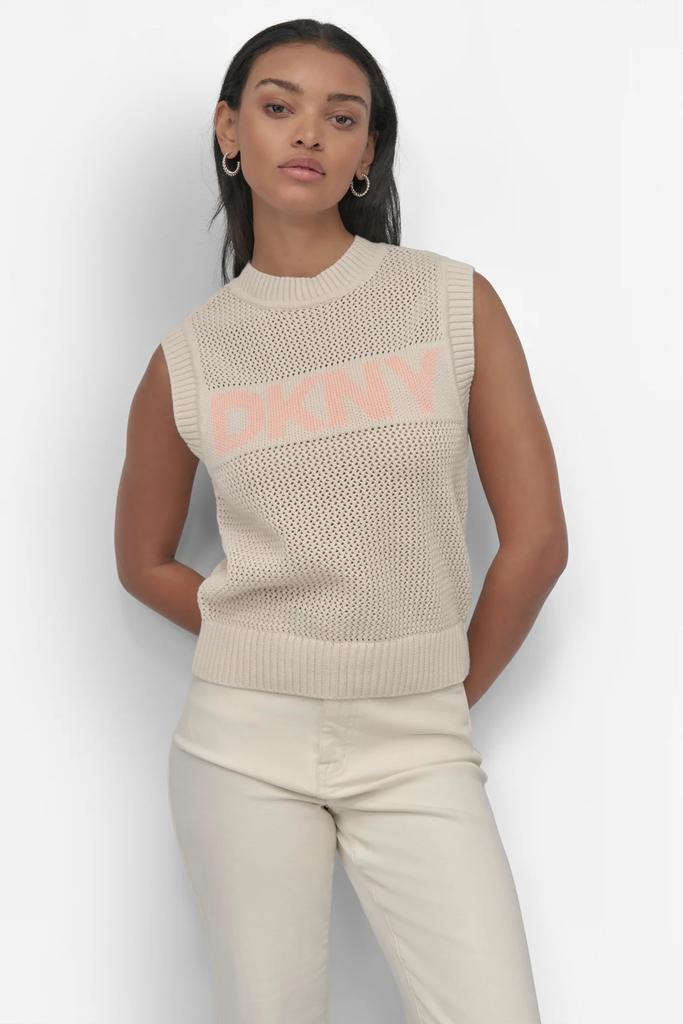 DKNY SLEEVELESS LOGO CREW NECK POINTELLE STITCH