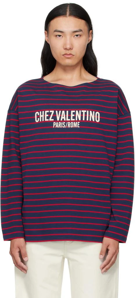 Valentino Red 
Navy 
Chez Valentino
 Print Long-Sleeved Cotton T-shirt 1
