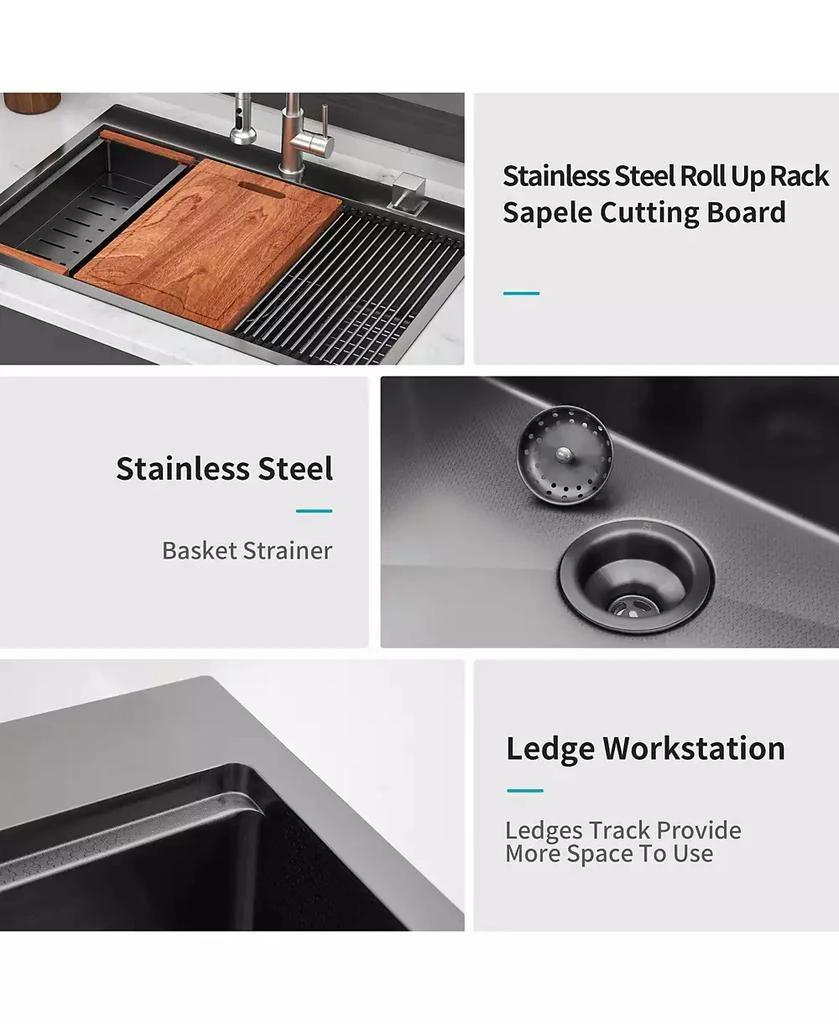 Flynama 33x22x9inch Gunmetal Black Kitchen Sink Drop In Workstation Stainless Steel 16 Gauge 5