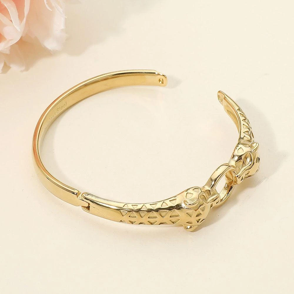 FASHNZFAB Stainless Steel Leopard Head Link Hinged Bangle Bracelet 3