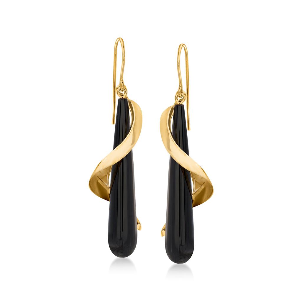 Ross-Simons Ross-Simons Elongated Black Onyx Teardrop Spiral Earrings in 14kt Yellow Gold