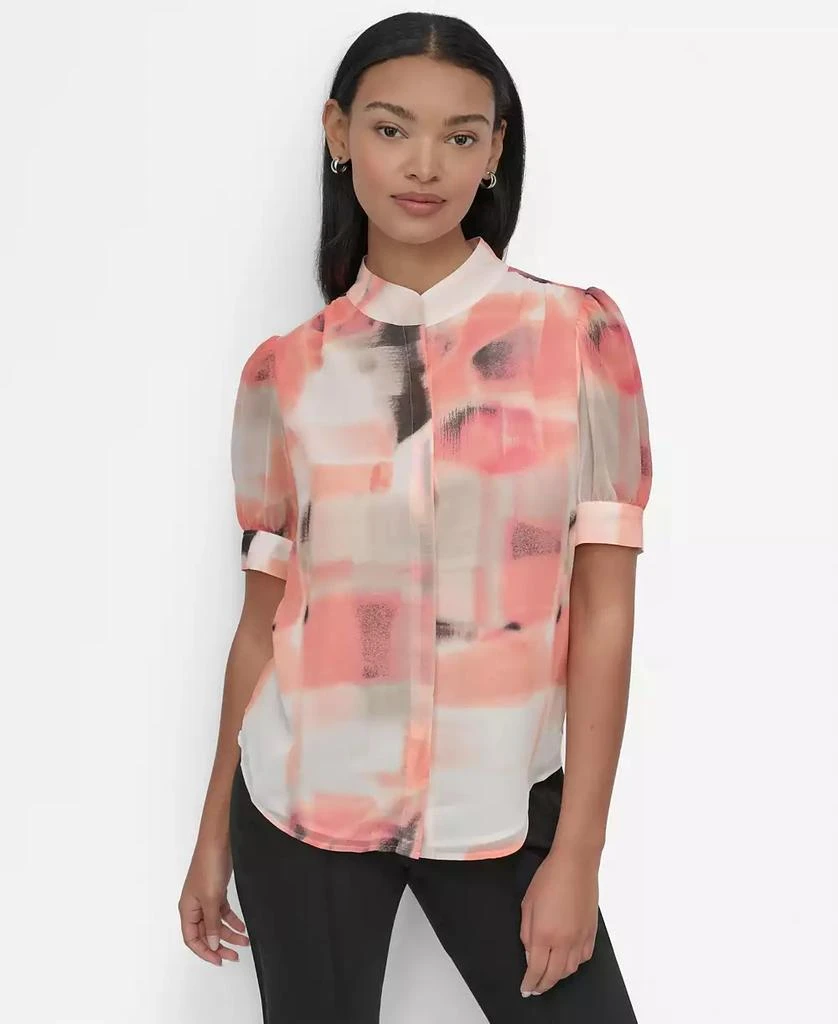 DKNY Women's Printed Puff-Sleeve Button-Front Blouse 1