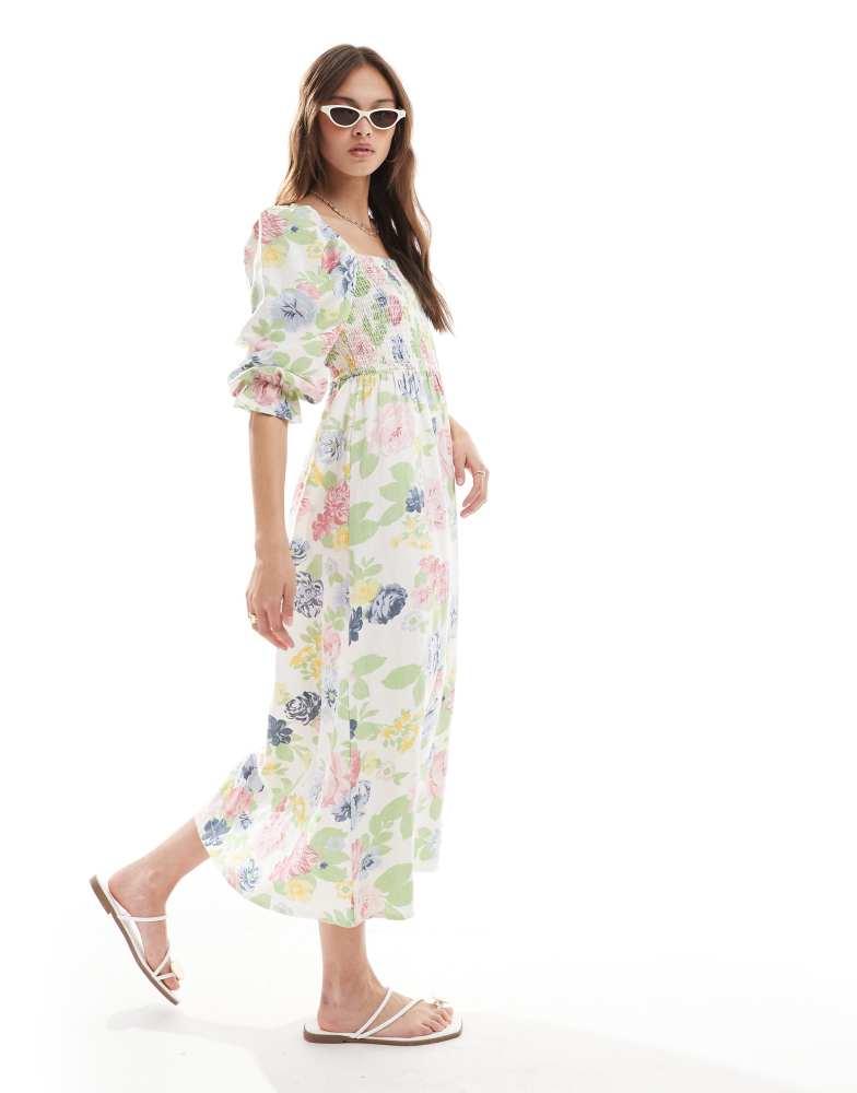 New Look New Look floral shirred long sleeve dress in cream