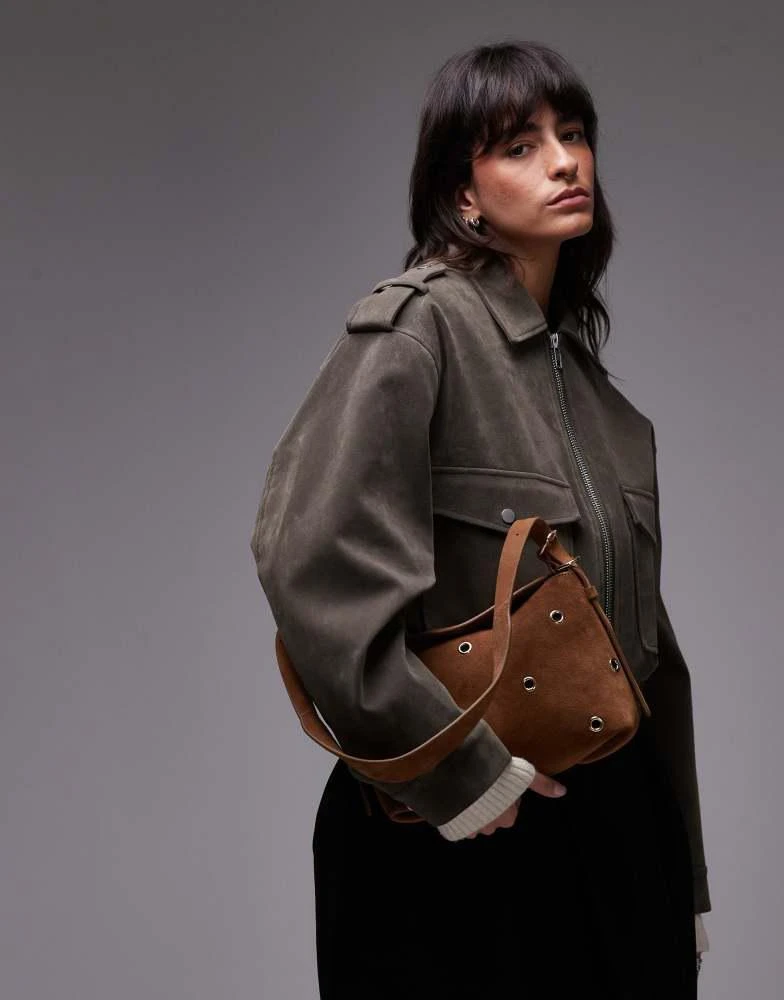 & Other Stories & Other Stories suede shoulder bag in cognac brown  with metal eyelets 2