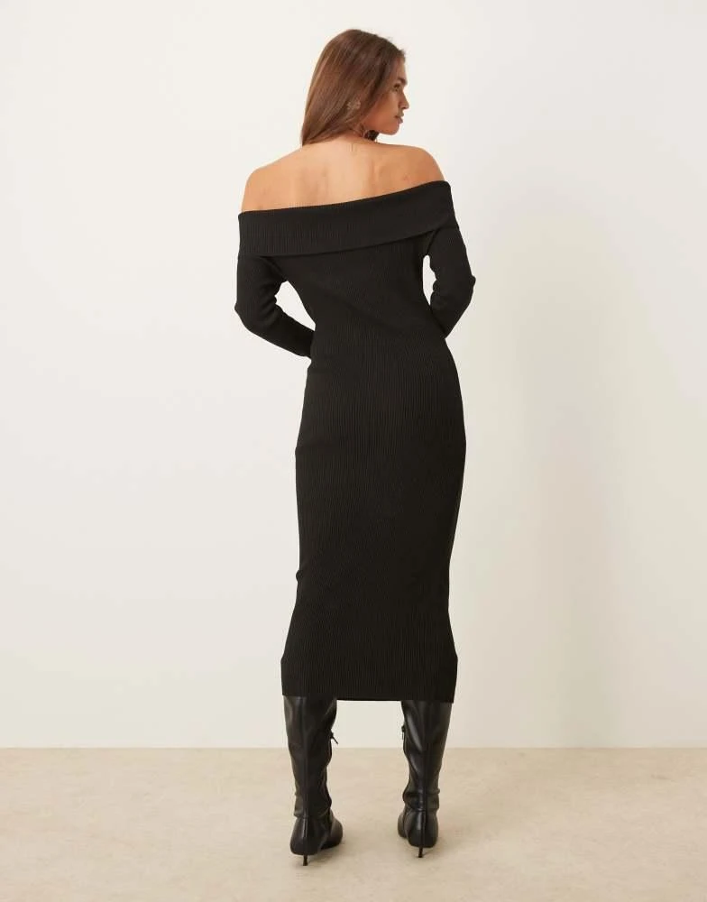 fitted lace wedding dress Off-Shoulder Ribbed Sweater Knit Midi Dress Brown Large