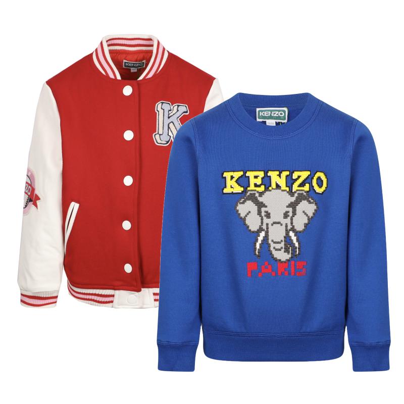 Kenzo Kids Bomber jacket with applique detailing and yellow neon logo and elephant print royal blue sweatshirt set