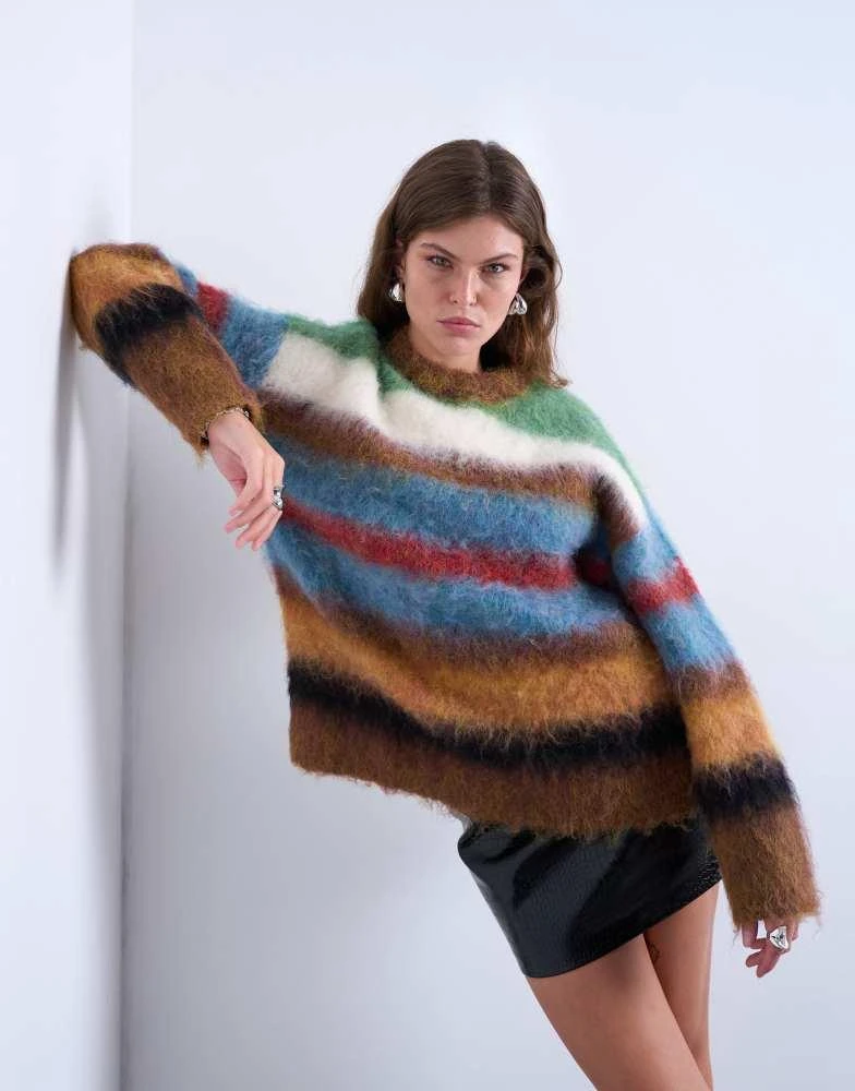 Topshop Topshop knitted fluffy stripe jumper in multi 1