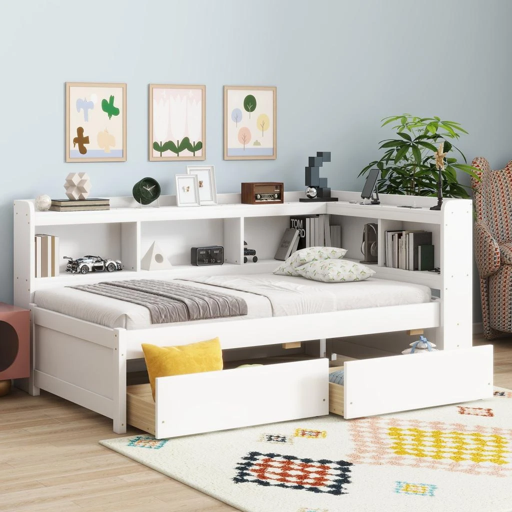 Streamdale Furniture Streamdale Twin L-Shaped Bookcase Bed with Outlets 
Drawers - White 5