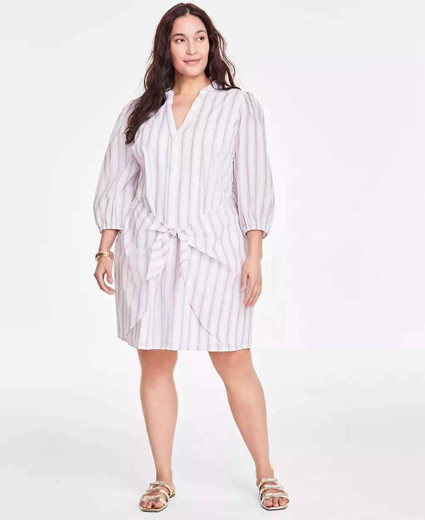 On 34th Trendy Plus Cotton Striped Tie-Waist Shirtdress, Exclusively at Macy's 1