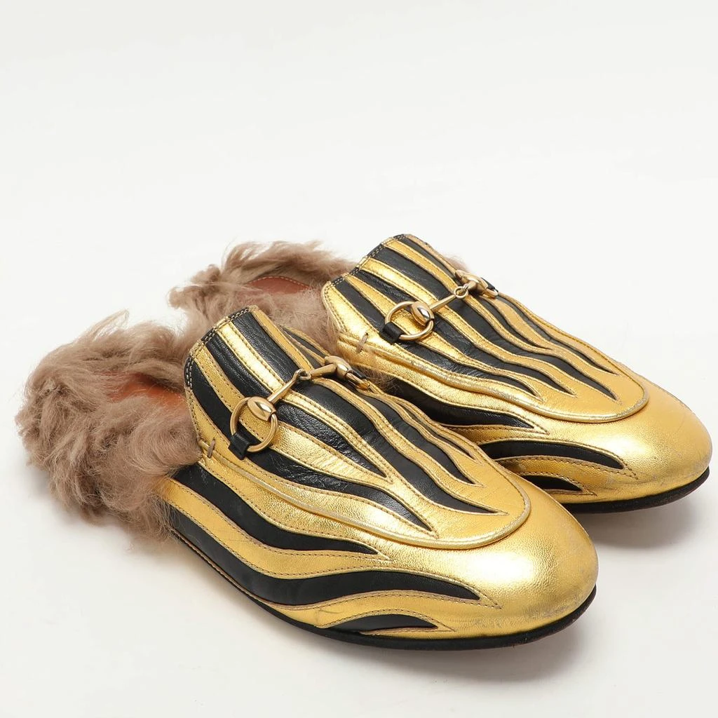 Gucci Gucci Gold/Black Leather Princetown Fur Lined Horsebit Mules Size 38 4