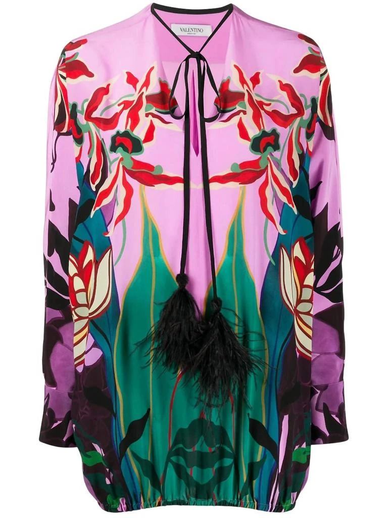 Valentino Valentino - Feather-embellished Mirrored Orchid Ramage Blouse 4
