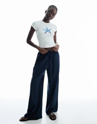 Bershka Bershka Linen blend trousers with an elasticated waistband in navy