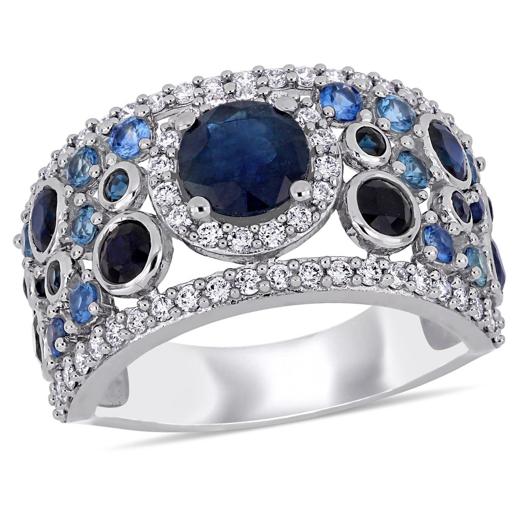 Mimi & Max Mimi & Max 2 5/8ct TGW Sapphire and 1/2ct TW Diamond Halo Cluster Ring in 14k White Gold