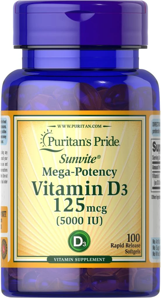 Puritan's Pride Vitamin D3 125 mcg (5000 IU) 100 Softgels 1