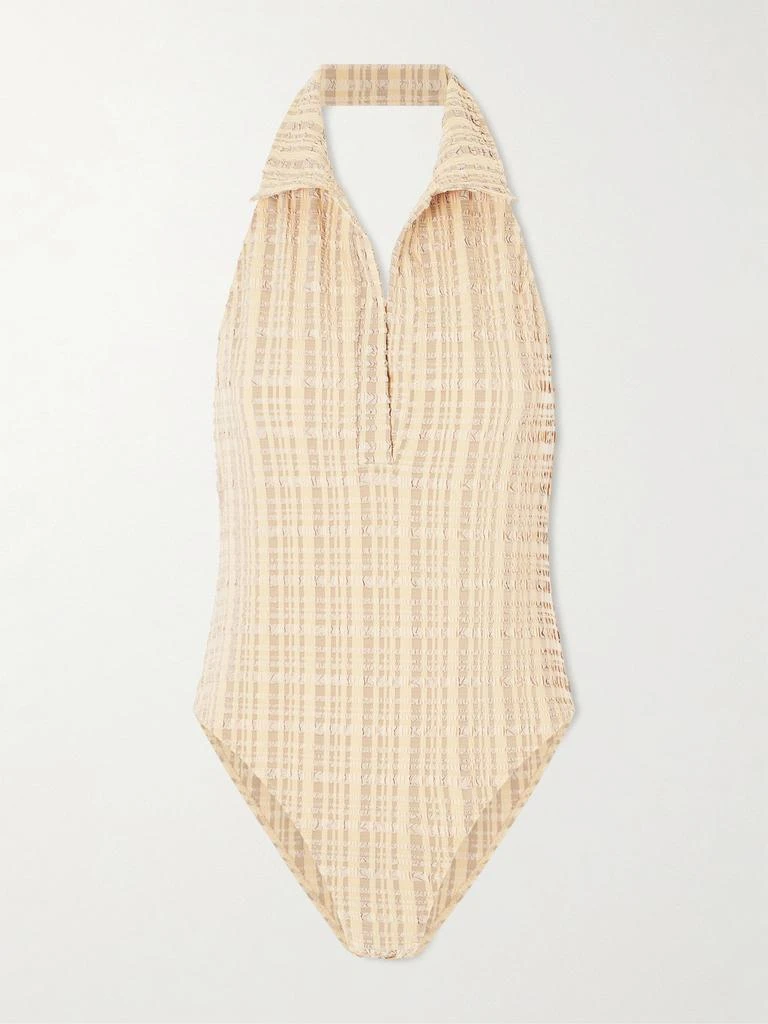 LISA MARIE FERNANDEZ Checked Seersucker Halterneck Swimsuit - Neutral