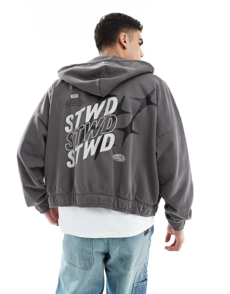 Pull&Bear Pull&Bear zip through STWD hoodie in charcoal 2