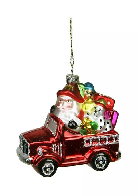 Northlight 4Inch Red Fire Truck with Santa and Presents Glass Christmas Ornament