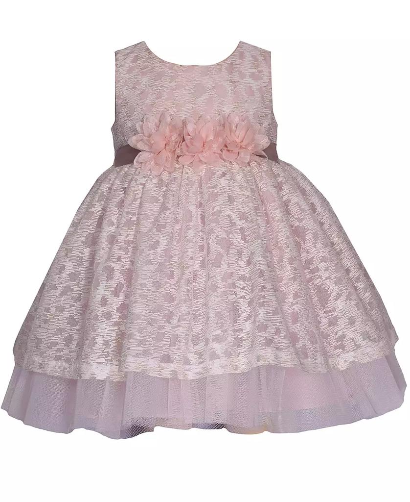 Bonnie Baby Baby Girls Lace Overlay Dress with Illusion Neckline and Ribbon Waistline