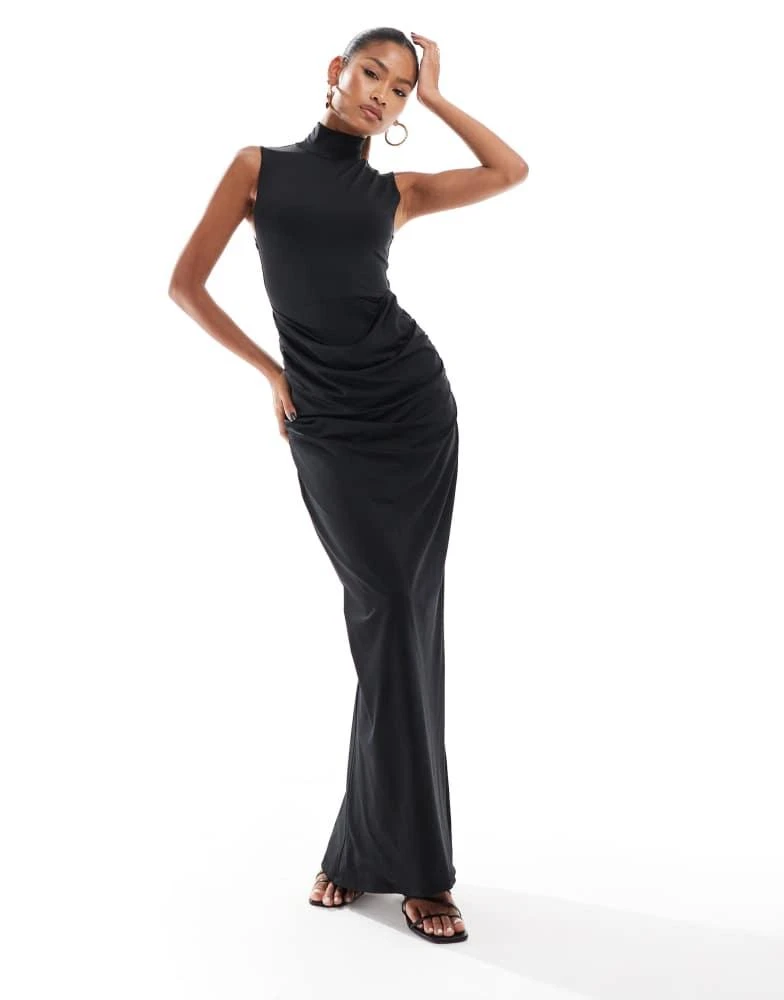 Aria Cove double layered slinky high neck ruched detail maxi dress in black   On Sale Now with Up to 43% Off | Discover Exclusive Deals & Savings at  BeyondStyle  Authentic