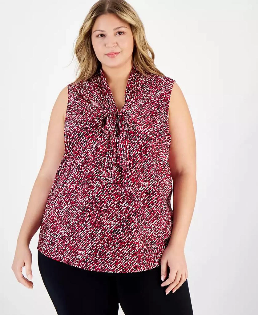 Kasper Plus Size Printed Sleeveless Tie-Neck Blouse 1