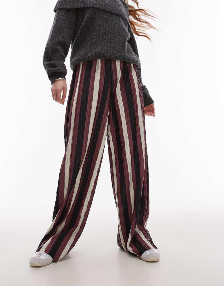 Topshop Topshop stripe plisse wide leg trouser in burgundy