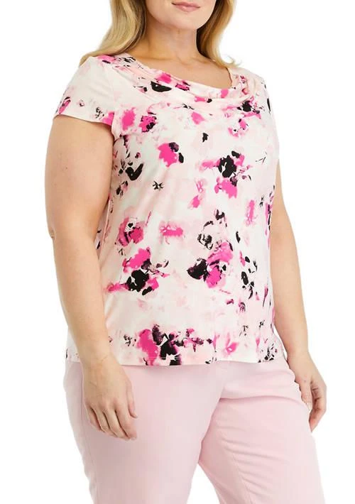 Kasper Plus Size Cap Sleeve Cowl Neck Printed Top 1