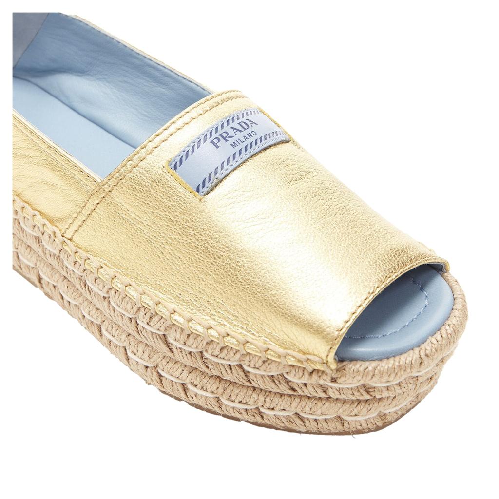 Prada Metallic Leather Logo Peep Jute Platform Espadrille Shoe
