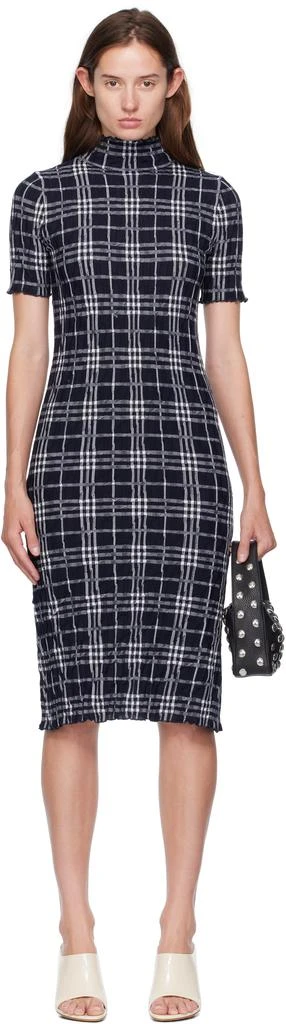 Burberry Navy 
White Check Wool Blend Midi Dress 1