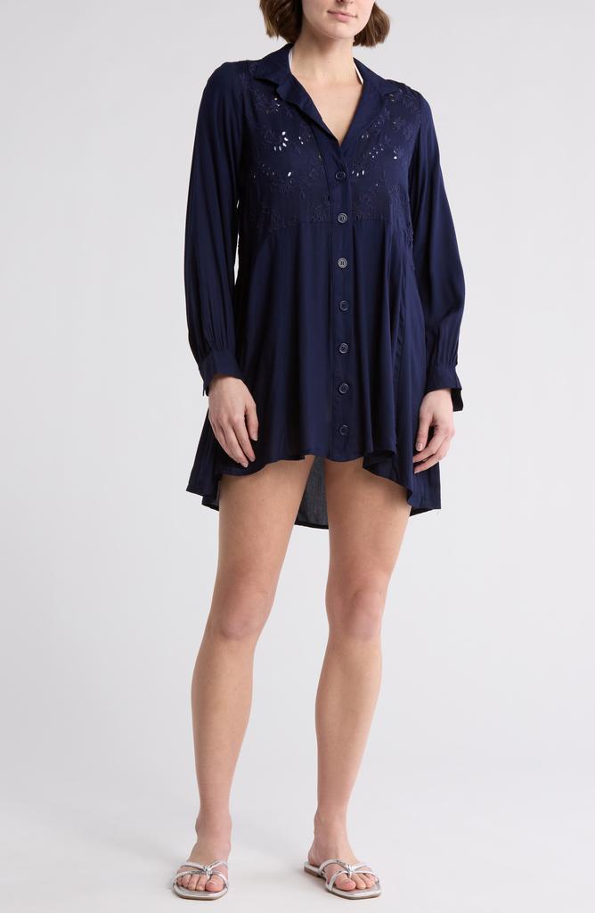 BOHO ME Eyelet Long Sleeve Button-Down Swim Cover-Up