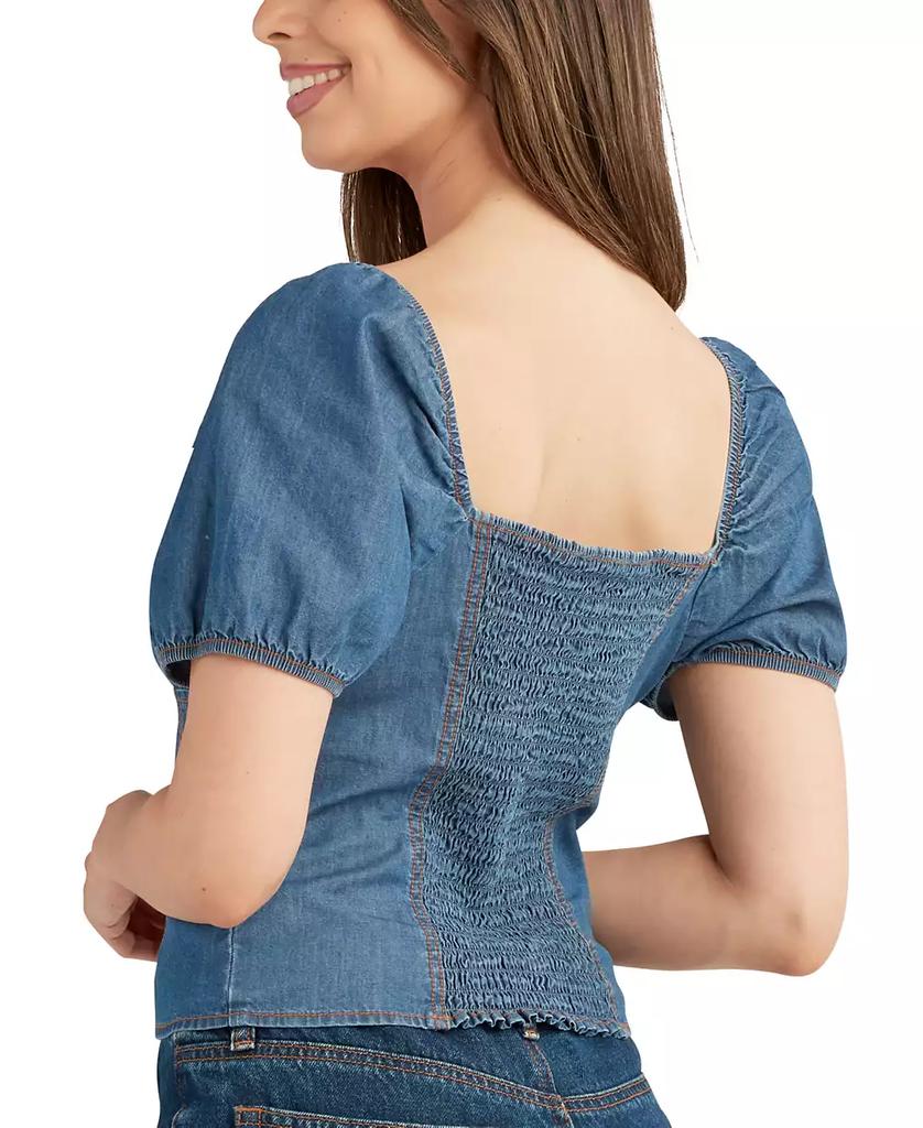 BCX Juniors' Denim Puff-Sleeve Sweetheart-Neck Top