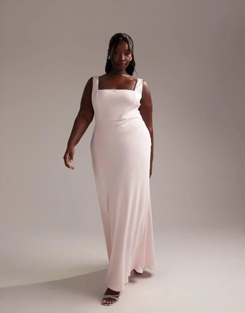 Shop ASOS DESIGN Curve Bridesmaid satin square neck maxi dress in