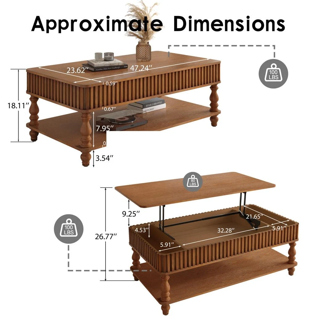Streamdale Furniture Streamdale Vintage Brown Lift Top Coffee Table - Solid Wood, Tool-Free Assembly 4