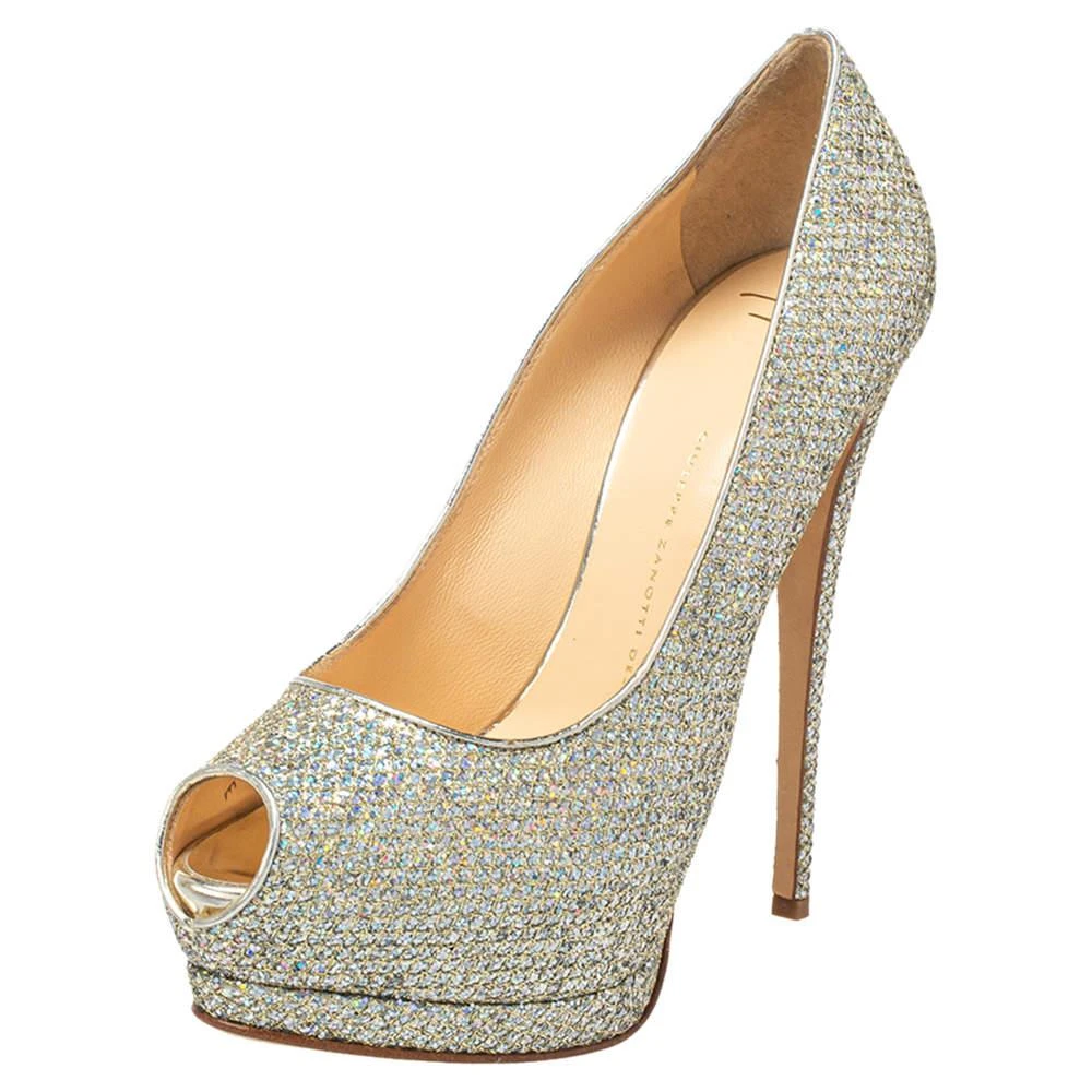 Giuseppe Zanotti Giuseppe Zanotti Silver Glitter And Leather Sharon Peep Toe Platform Pumps Size 40 1