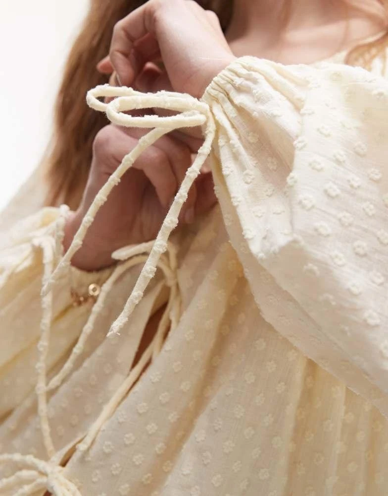 Topshop Topshop dobby ruched neck tie front top in buttermilk 2