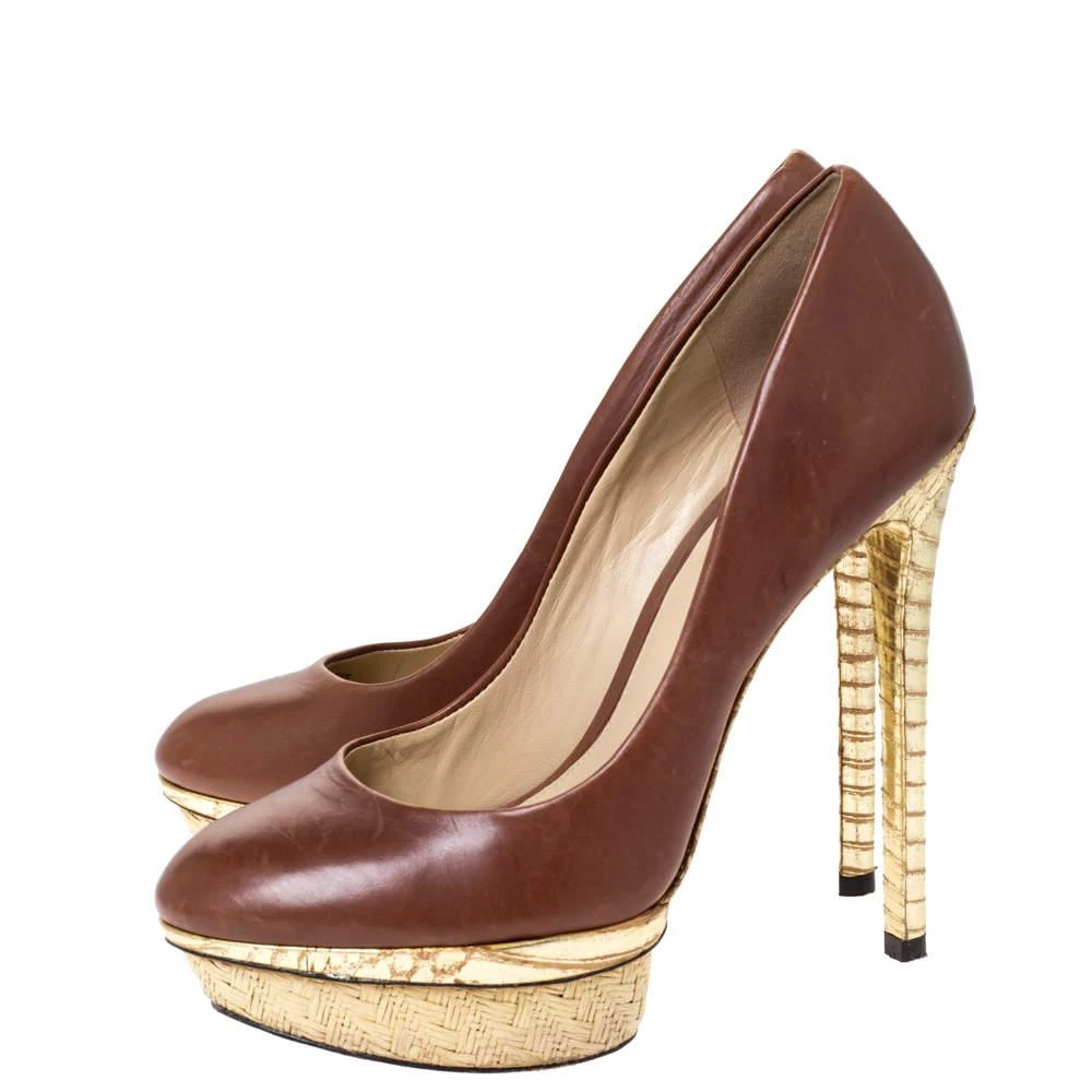 Brian Atwood Brian Atwood Brown/Gold Leather and Python Effect Platform Pumps Size 38.5 4