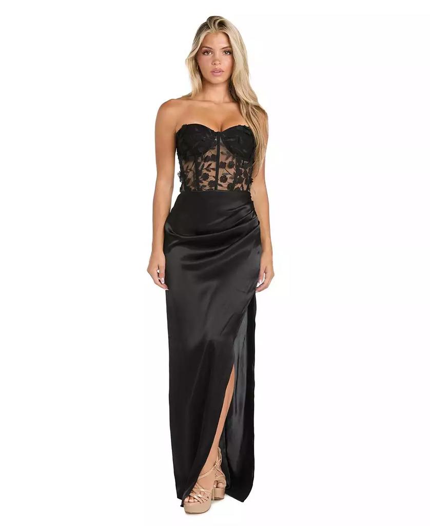 Morgan & Company Juniors' Strapless Floral-Corset Slit Gown