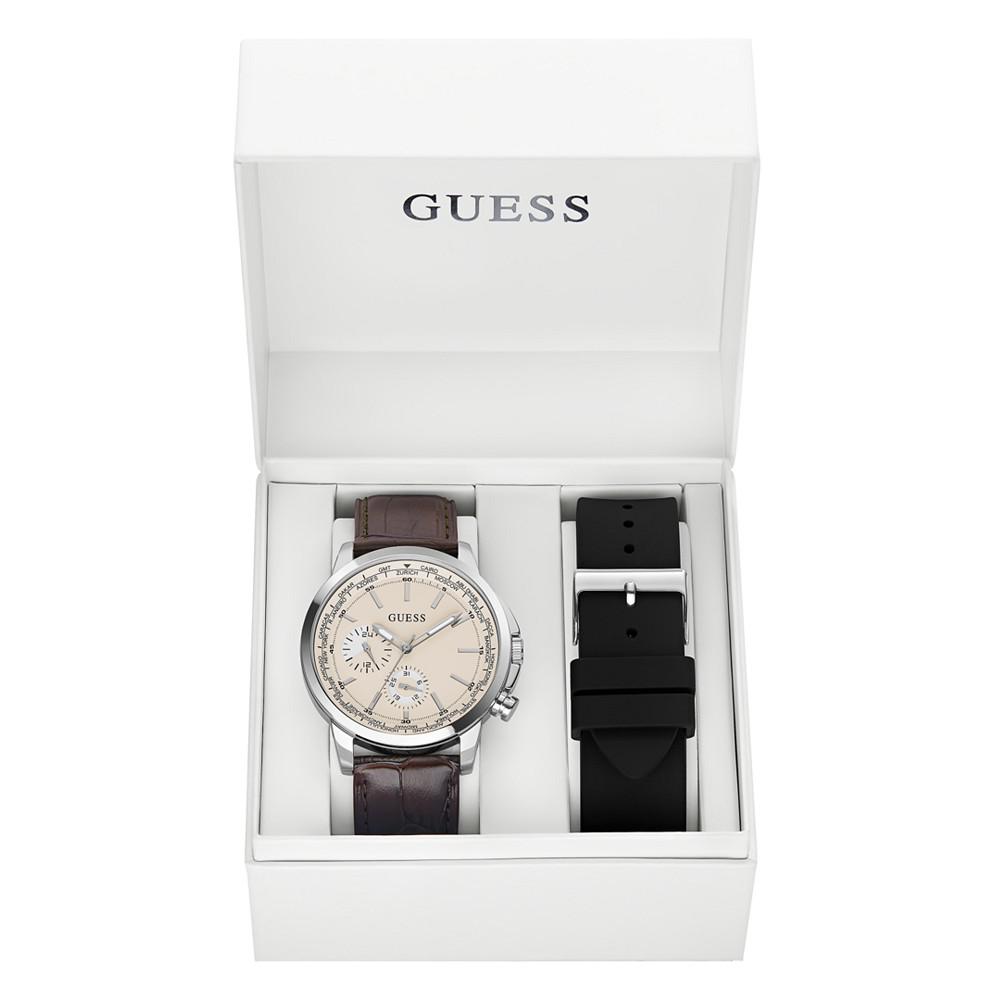 GUESS Men's Multi-Function Brown Genuine Leather Watch 44mm Gift Set